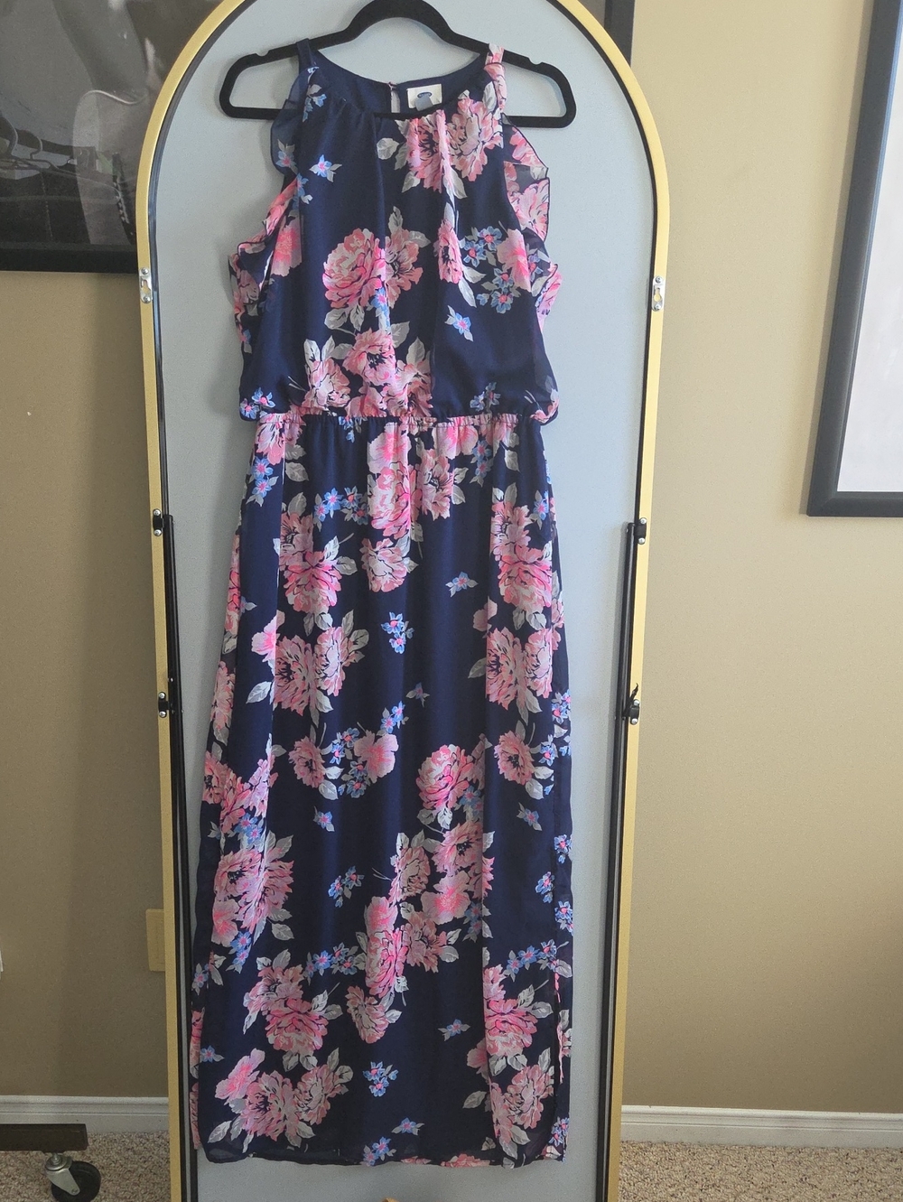 Old Navy Navy Blue Maxi Dress with Pink Floral Print